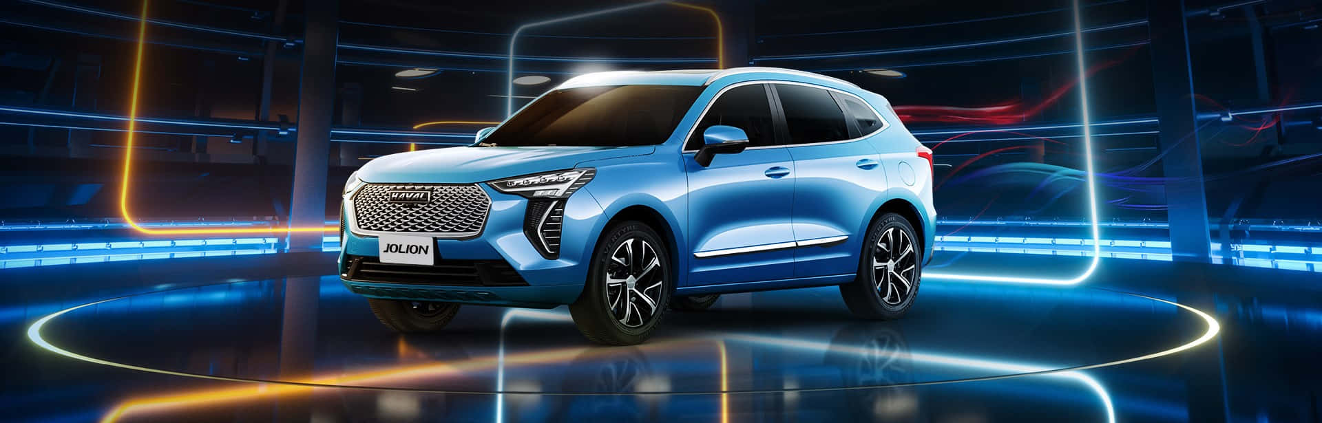 Haval 桌布 壁紙 — 時尚的藍色Jolion SUV在未來感工作室中，在霓虹燈下閃耀，地面有發光的圓形圖案。