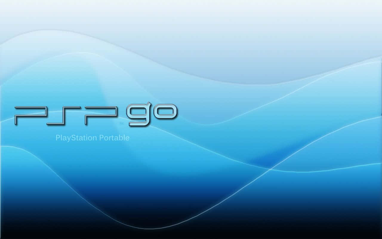 Psp 桌布 壁紙 — 時尚的藍色漸變牆紙，帶有流動的波浪線條，中央是金屬銀色的 PSP go 標誌。