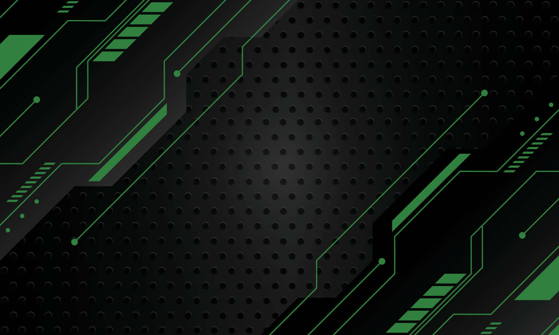 Gamer 桌布 壁紙 — 時尚的黑色和綠色數碼電路板圖案，帶有發光線條和穿孔紋理。