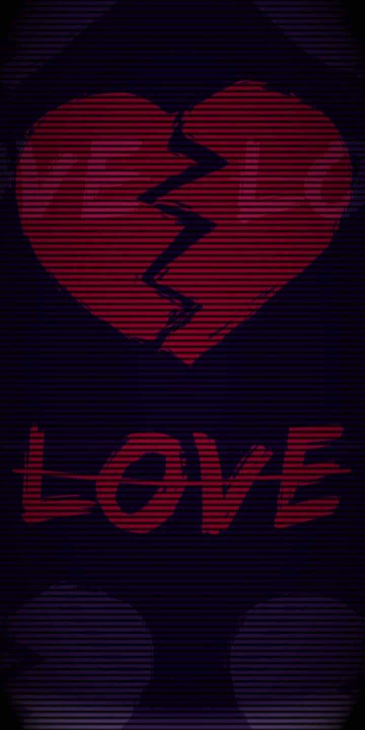 一個破碎的紅色心形，帶有「LOVE」字樣的故障文字，背景為深色。