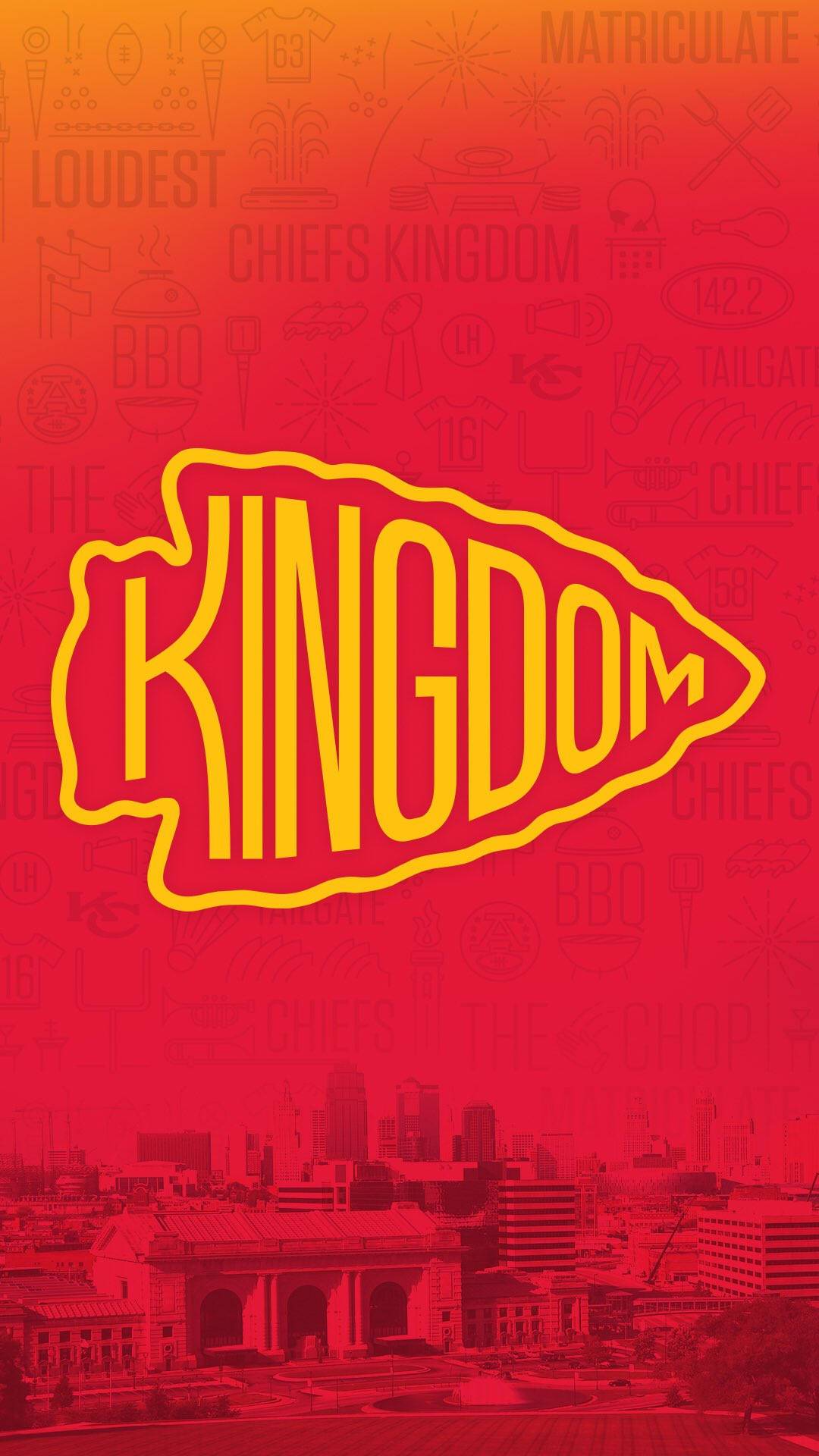 紅色漸變背景，帶有黃色 'KINGDOM' 標誌和模糊的運動圖標，覆蓋在城市天際線上。