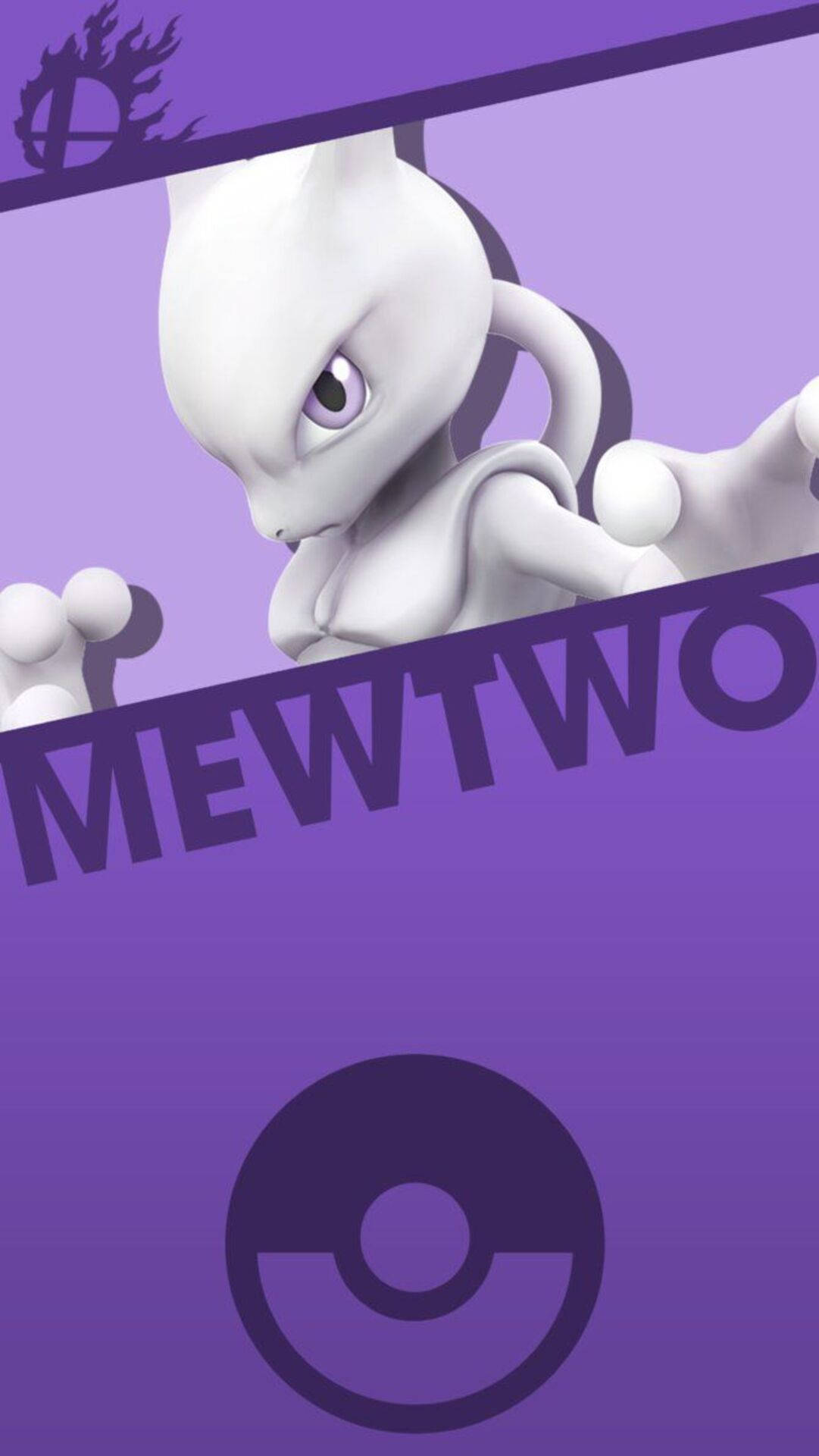 Mewtwo動畫角色，紫色眼睛，喺紫色漸變背景上，帶住精靈球標誌。