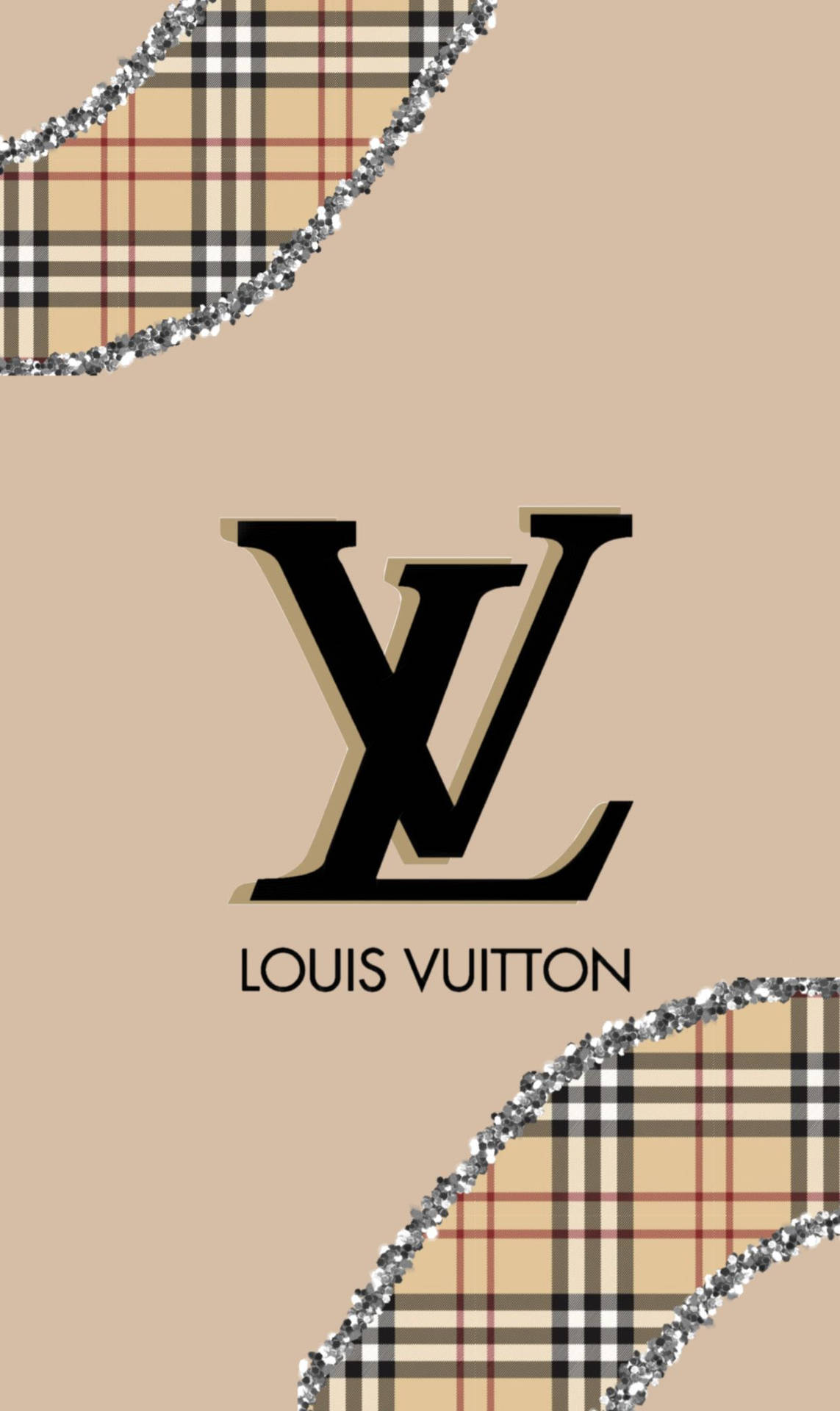 Louis Vuitton 標誌搭配格紋和閃粉點綴，米色背景。
