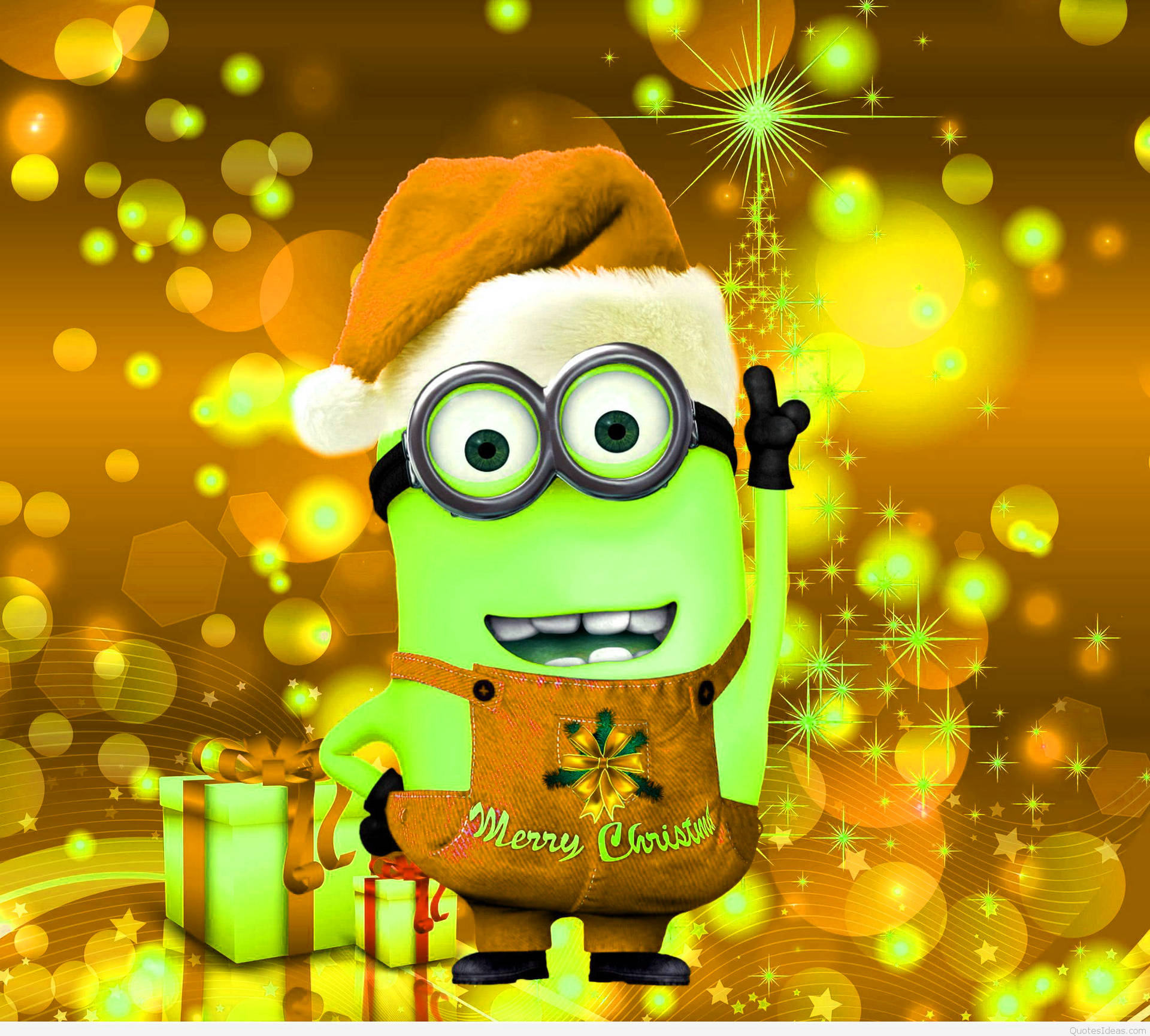 一個戴著聖誕帽的節日綠色Minion，手持禮物，背後有閃爍燈光。
