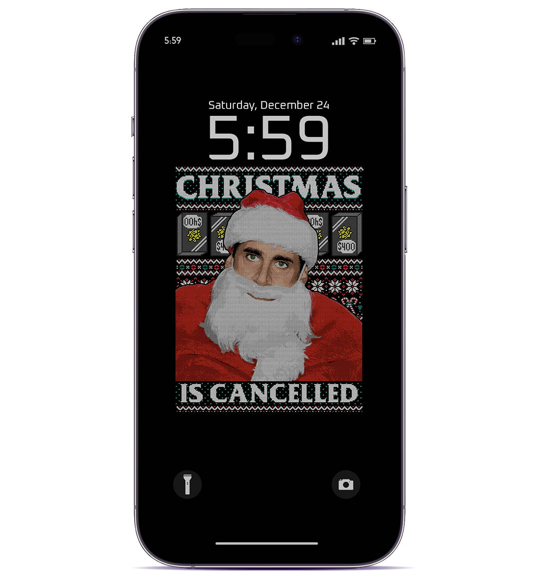手機屏幕顯示一個聖誕主題壁紙，上面有一個戴聖誕帽的男人和文字「Christmas is cancelled」。