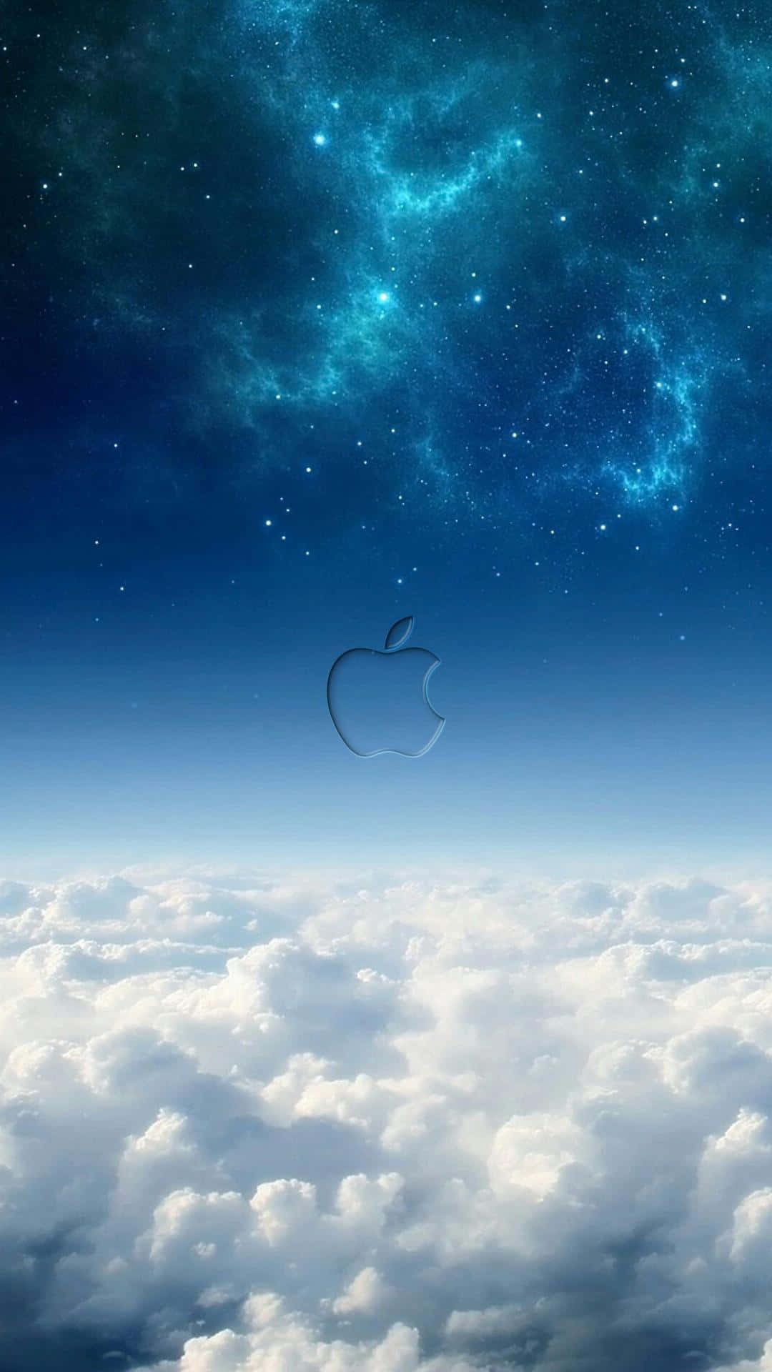 Apple標誌漂浮在雲層之上，下方是星空星雲天空。
