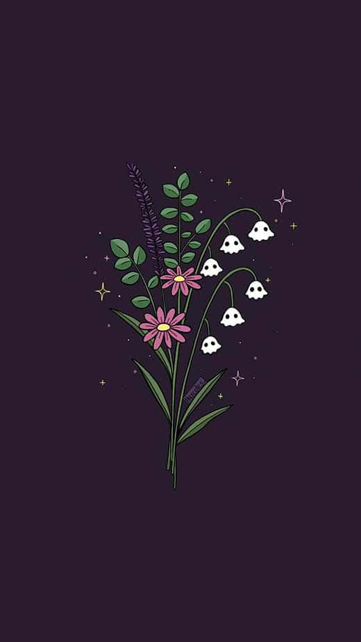 在深紫色背景上，帶有幽靈面孔和星星的風格化花卉佈置。