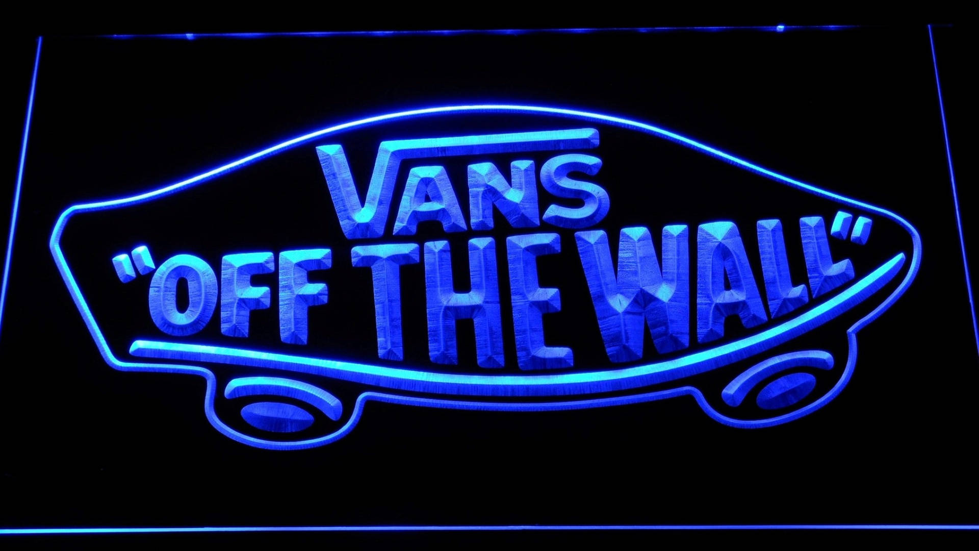 藍色霓虹Vans Off The Wall標誌牌在黑暗中發光。