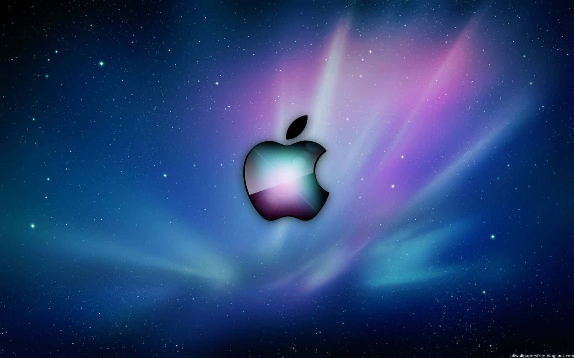 在星空太空場景中，Apple標誌閃爍著光束。