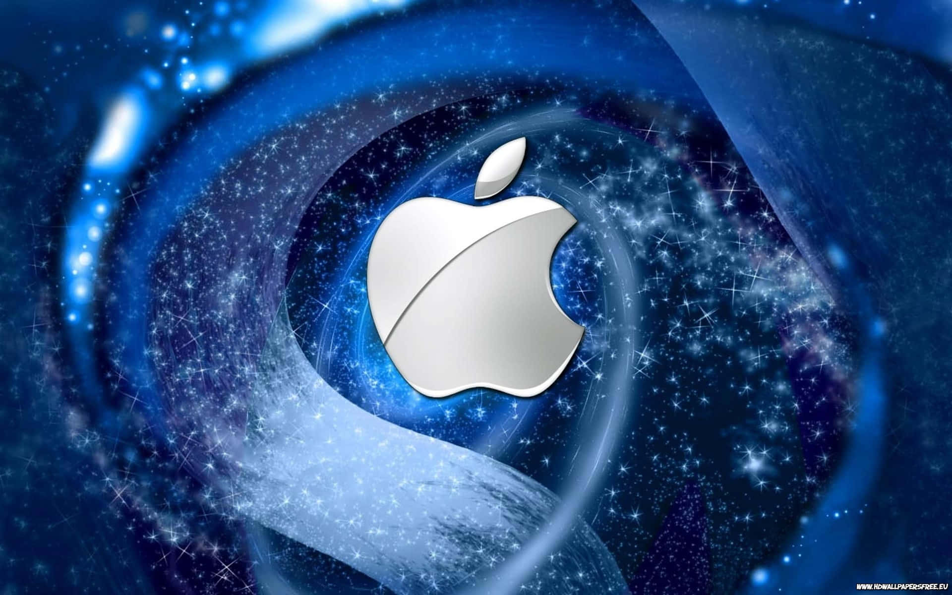 旋轉藍色星空漩渦中的銀色Apple標誌。