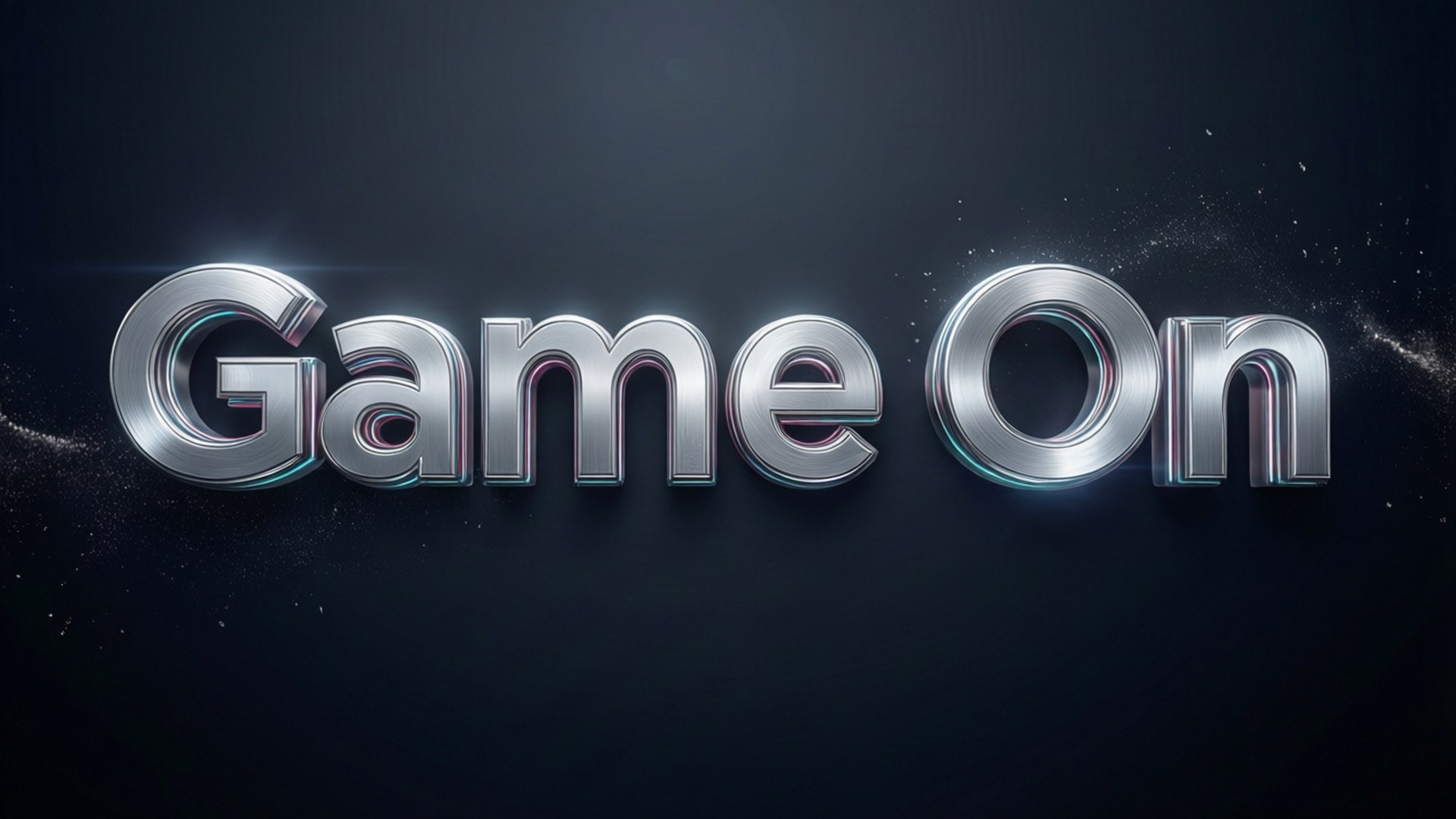 時尚金屬遊戲開始 壁紙 — 閃亮的金屬 'Game On' 文字在黑暗的宇宙背景中帶有浮動粒子，並發出光暈。