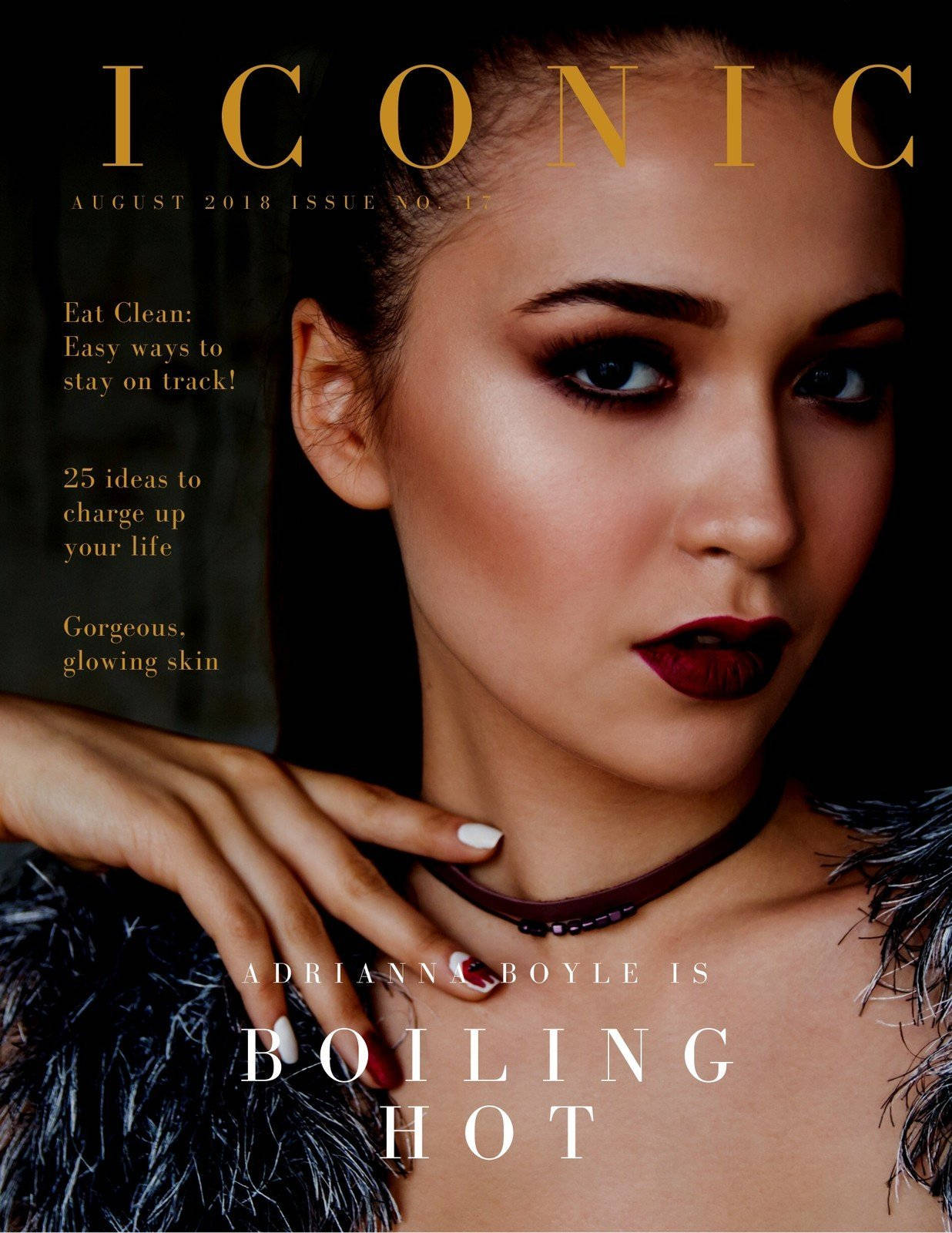 一位擁有鮮豔紅唇和煙燻眼妝的女性，出現在名為Iconic的雜誌封面上。