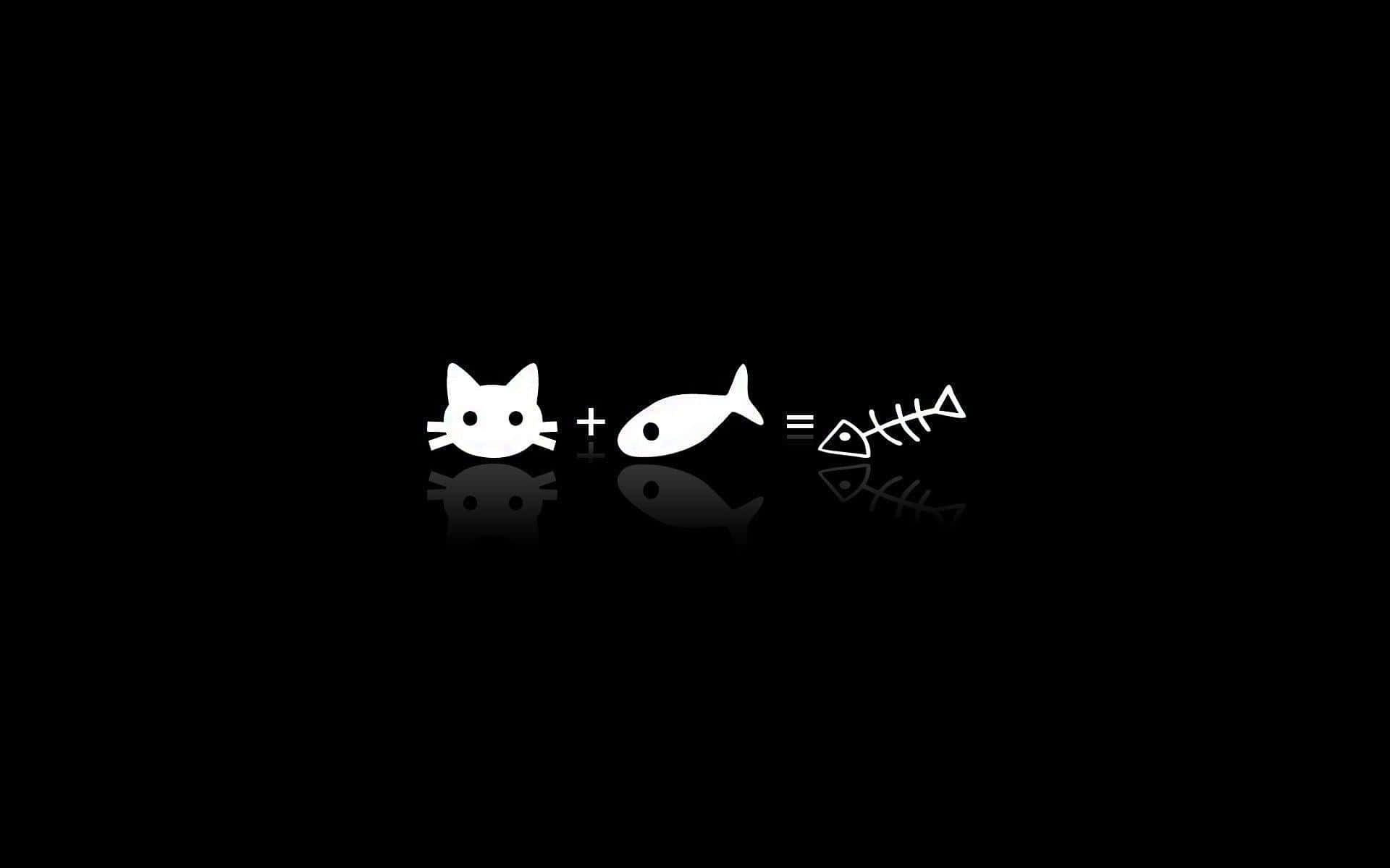 時尚電子美學：中藍色筆電 壁紙 — 黑色背景上的極簡白色圖示等式顯示貓加魚等於魚骨，帶有倒影。