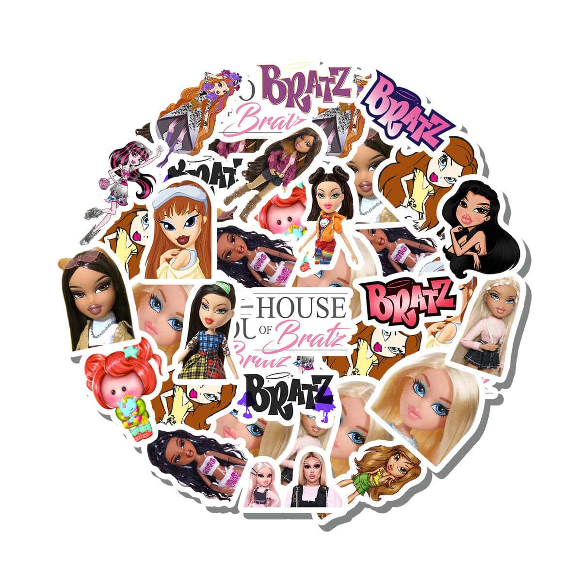 時尚魅力 壁紙 — 一個充滿活力的圓形拼貼畫，包含 Bratz 娃娃貼紙，展示多樣角色在時尚姿勢和標誌。