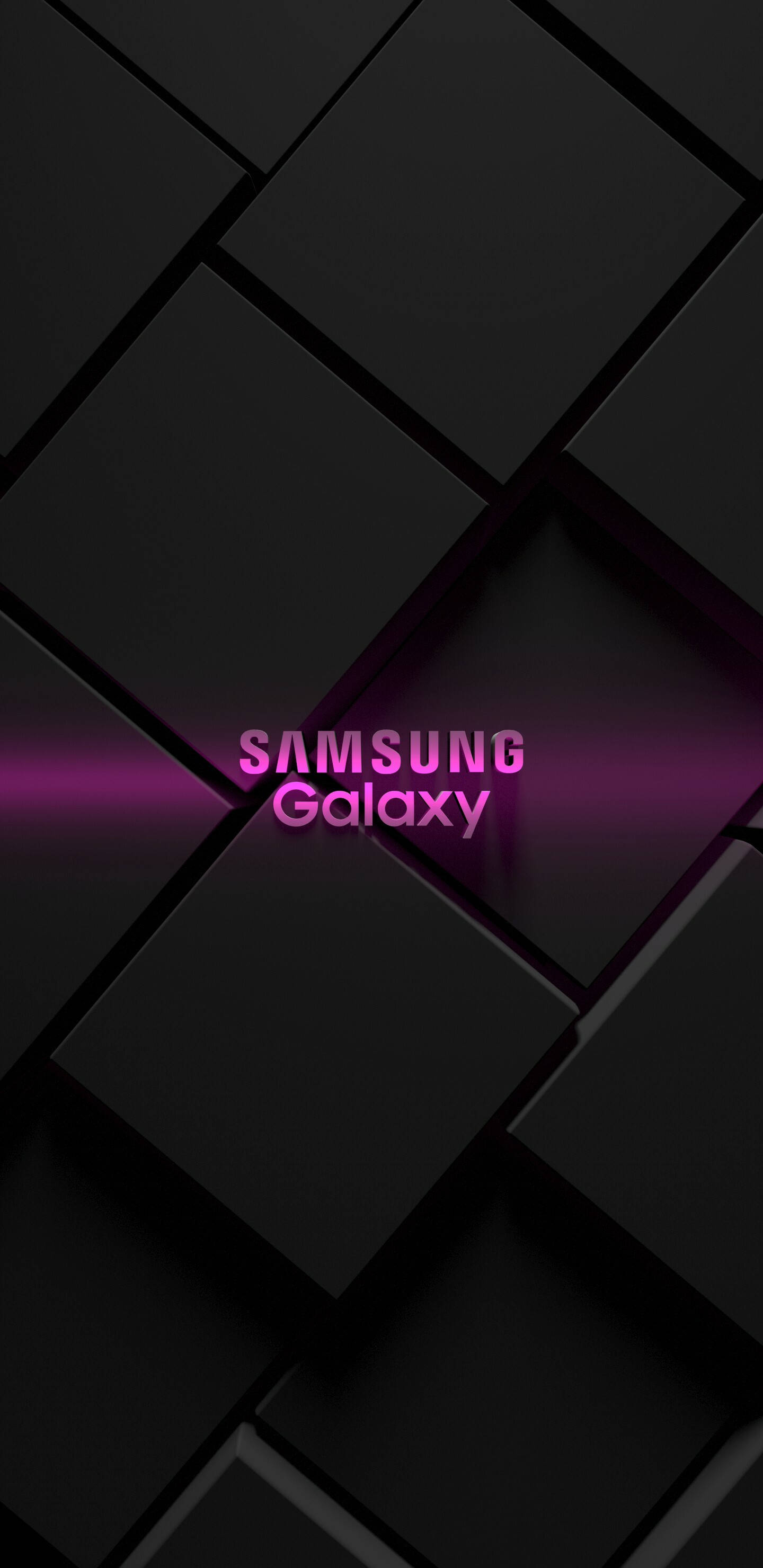 圖案 桌布 壁紙 — 時尚黑色幾何牆紙，中央帶有發光粉紅色Samsung Galaxy文字，置於3D立方體圖案上。