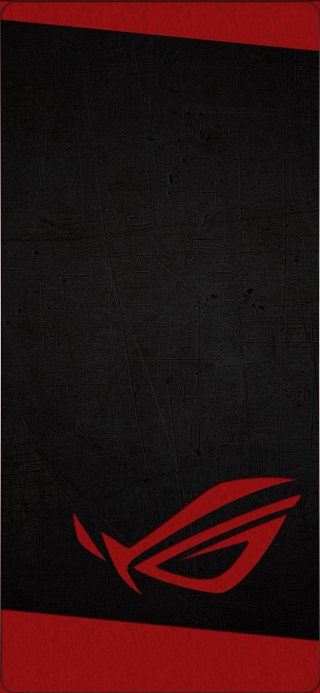 ASUS ROG 桌布 壁紙 — 時尚黑色牆紙，中央有紅色水平條紋之間的大膽紅色ROG標誌。