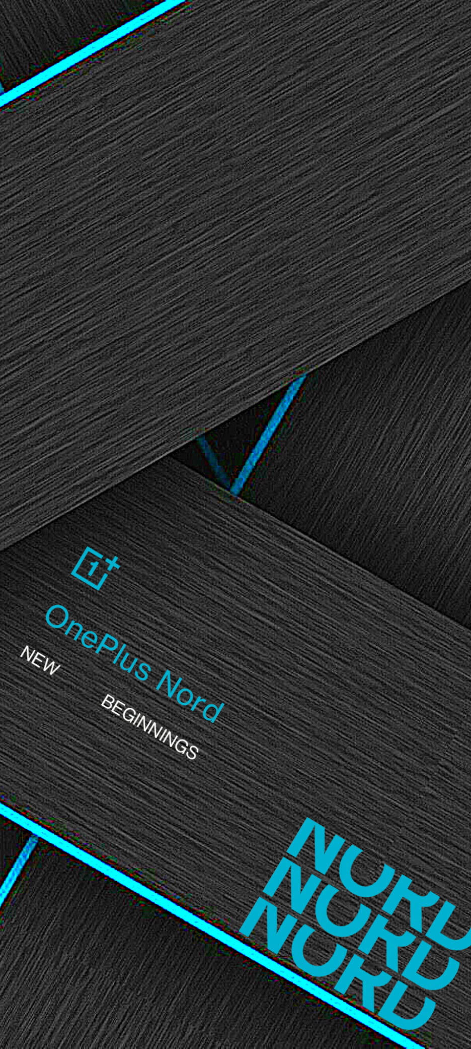 Oneplus 桌布 壁紙 — 時尚黑色紋理牆紙，帶有鮮明的青色OnePlus Nord品牌標誌和對角線。