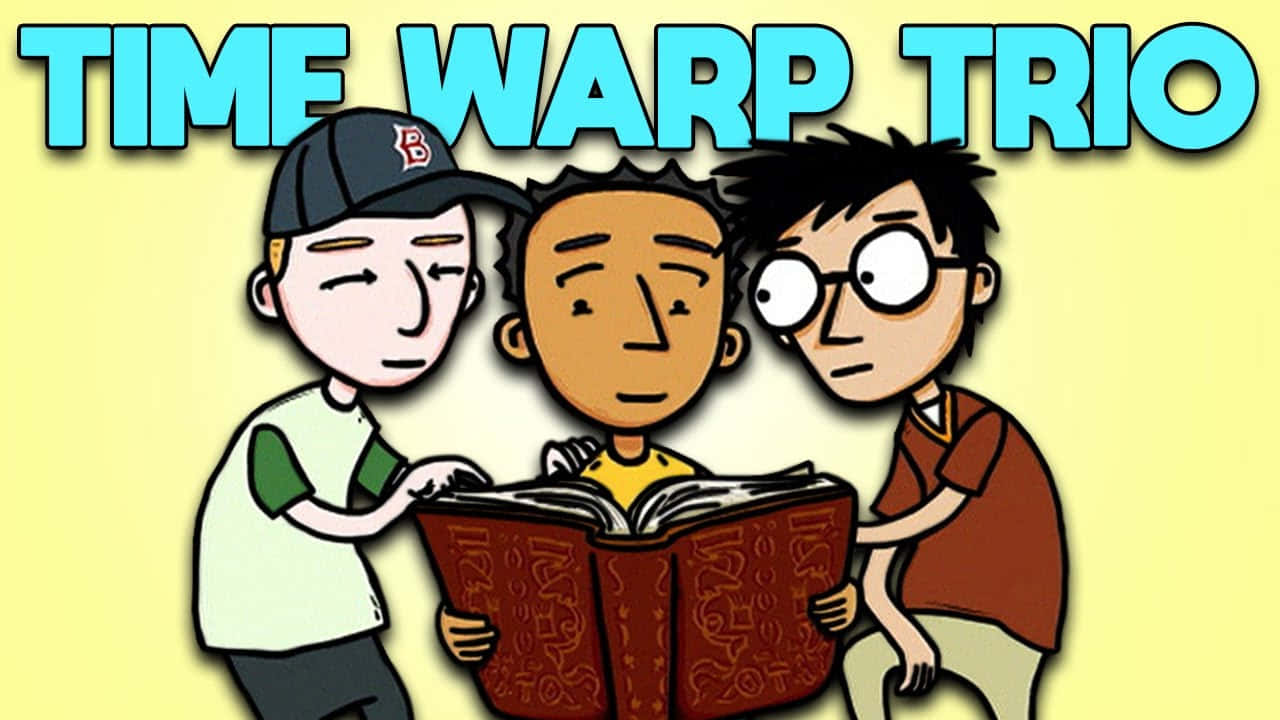 三個男孩正在閱讀一本名為《Time Warp Trio》的紅書