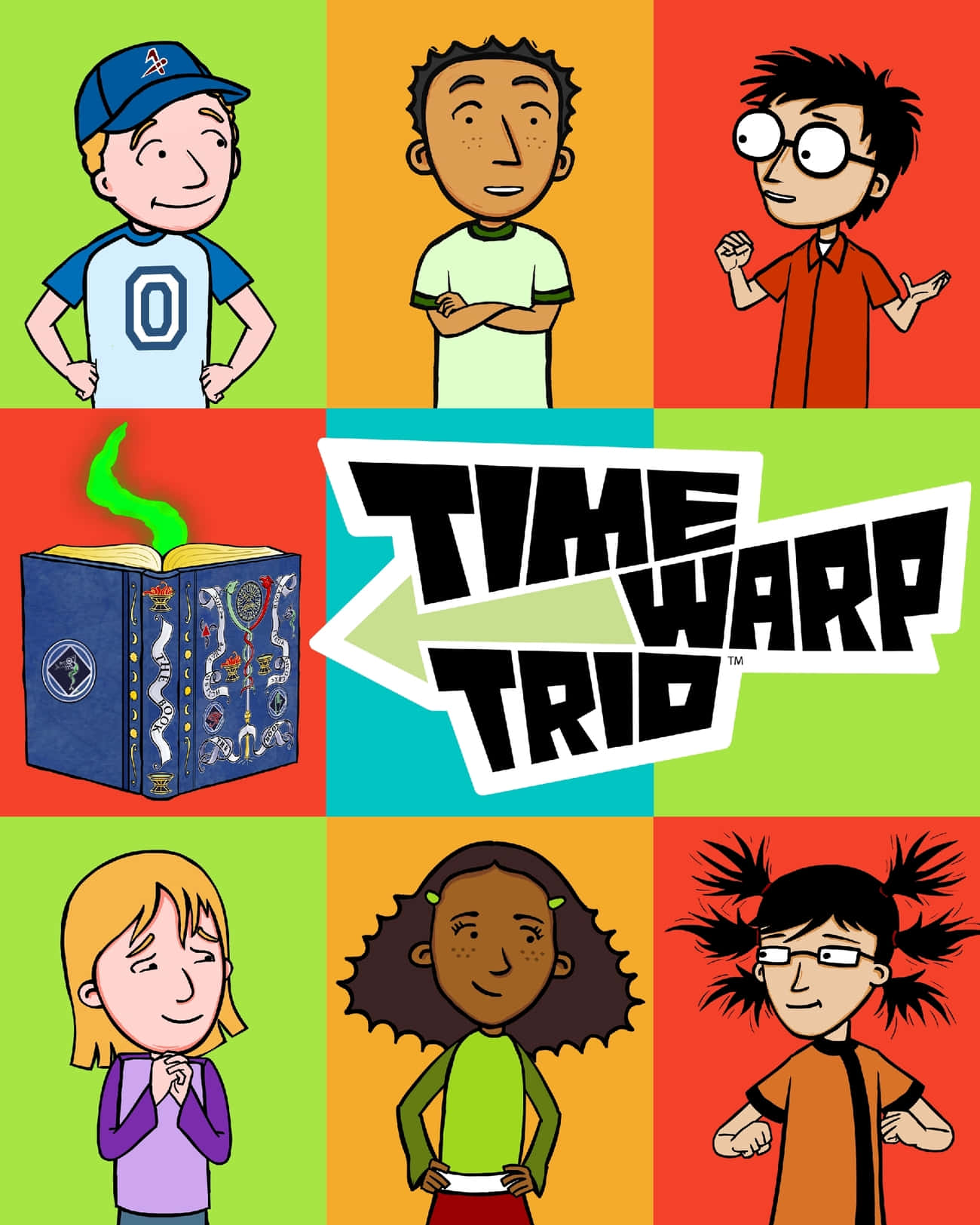 六個不同的卡通小孩和一本魔法書，在色彩繽紛的網格中，用於「Time Warp Trio」。