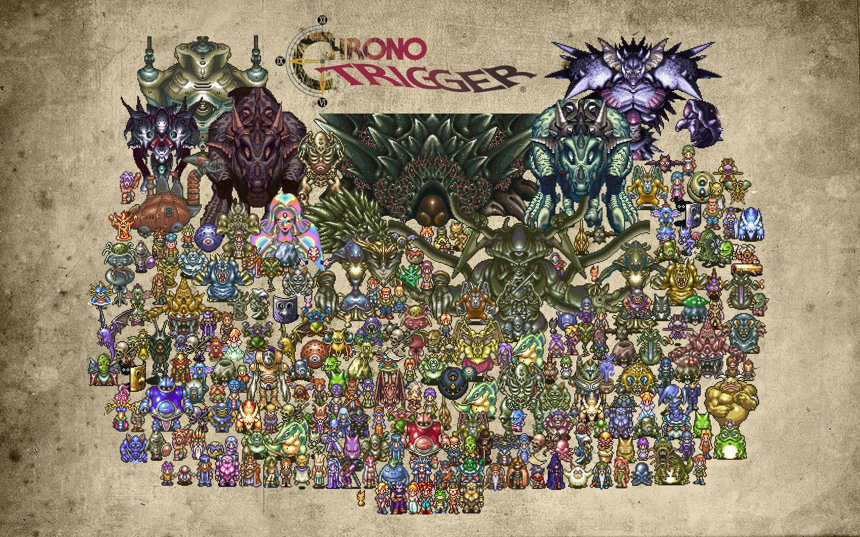Chrono Trigger角色同怪物以像素藝術風格呈現喺羊皮紙背景上