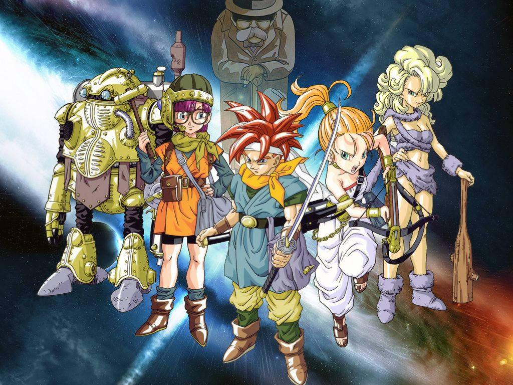 《時空之輪》角色在星系中 壁紙 — 一個充滿活力的動畫團體，由五位冒險者、一個機械人和一個雕像組成，站在宇宙星空背景前。
