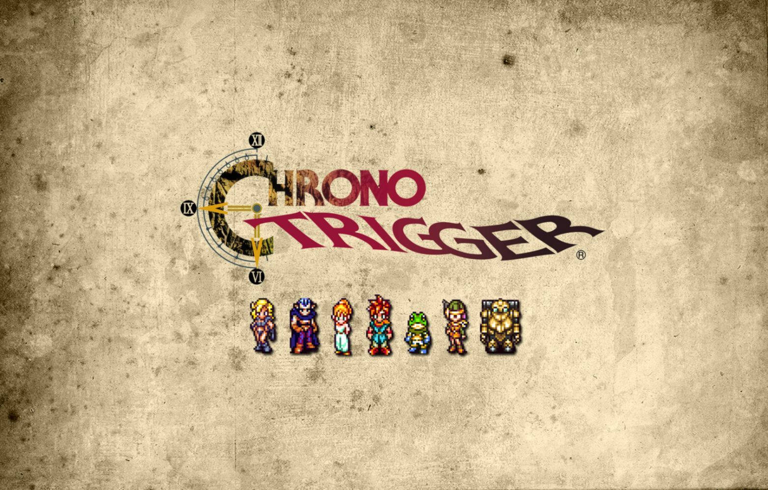 Chrono Trigger 遊戲標誌，像素角色和時鐘在舊紙上。