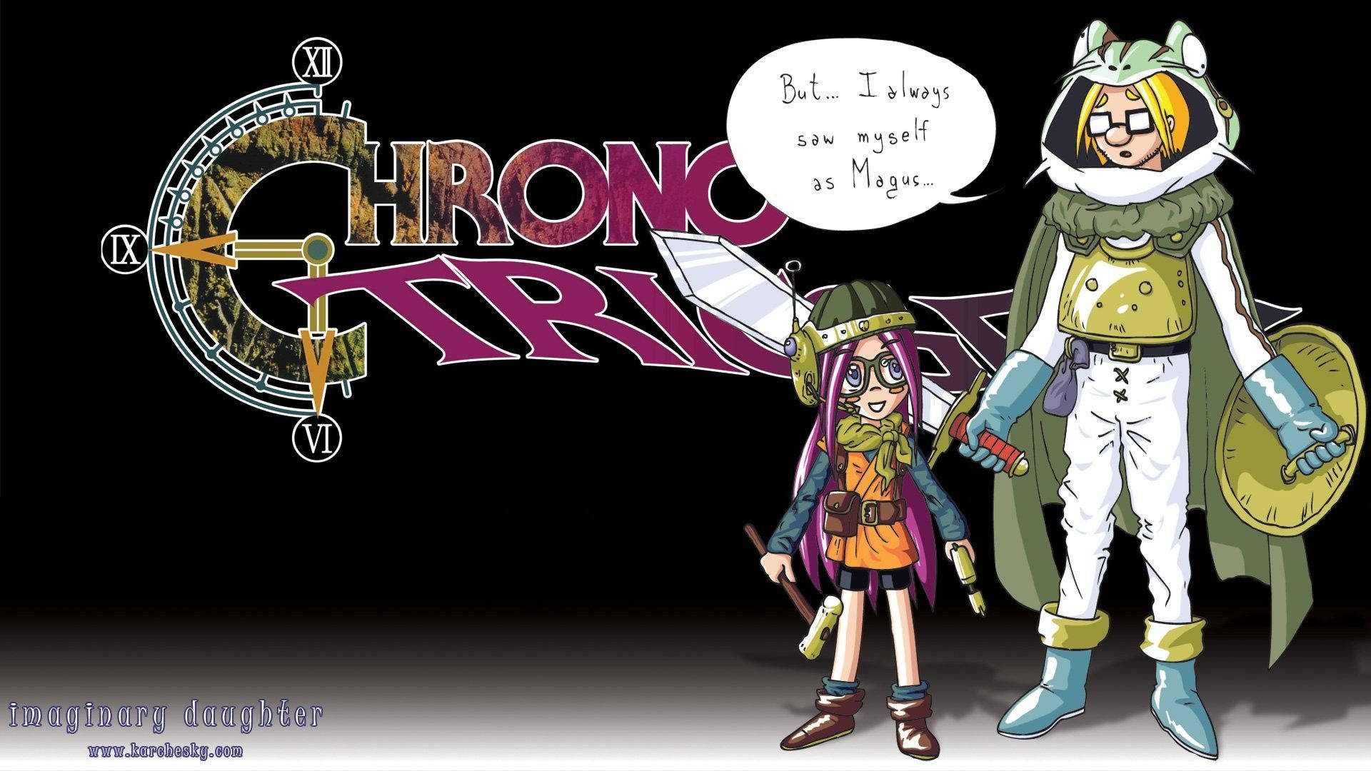 兩個戴著眼鏡和齒輪的動漫角色站在一個「Chrono Trigger」時鐘標誌前。