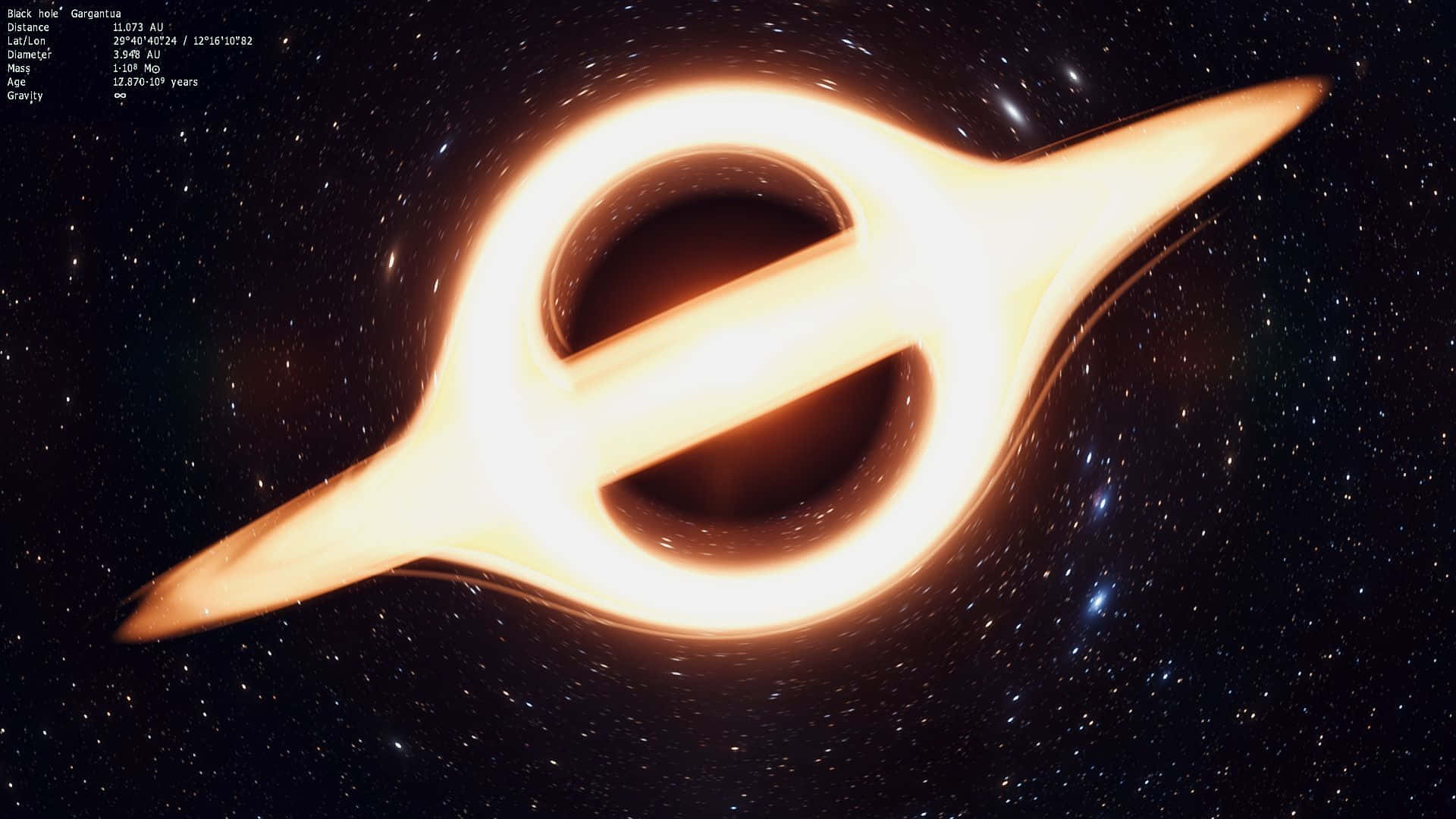 一個黑洞，帶有發光的橙色吸積盤，被深空中的星星包圍。
