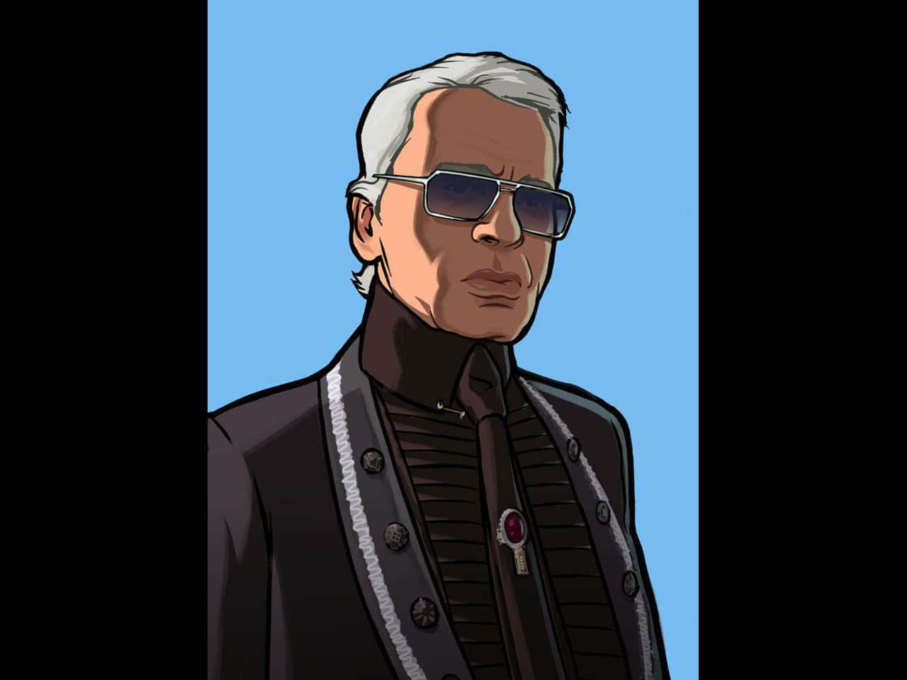 時裝設計師Karl Lagerfeld的肖像照 壁紙 — 卡爾·拉格斐的風格化插圖，戴著太陽眼鏡和黑色訂製外套，背景為明亮的藍色。