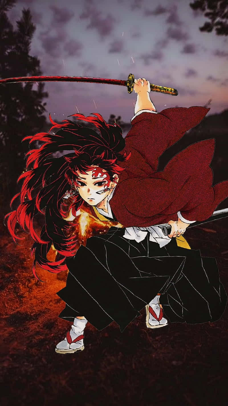 時透無一郎 - 鬼滅之刃 壁紙 — 一位紅黑和服、火焰般頭髮的動漫戰士，在黃昏雨夜中揮舞發光的劍。