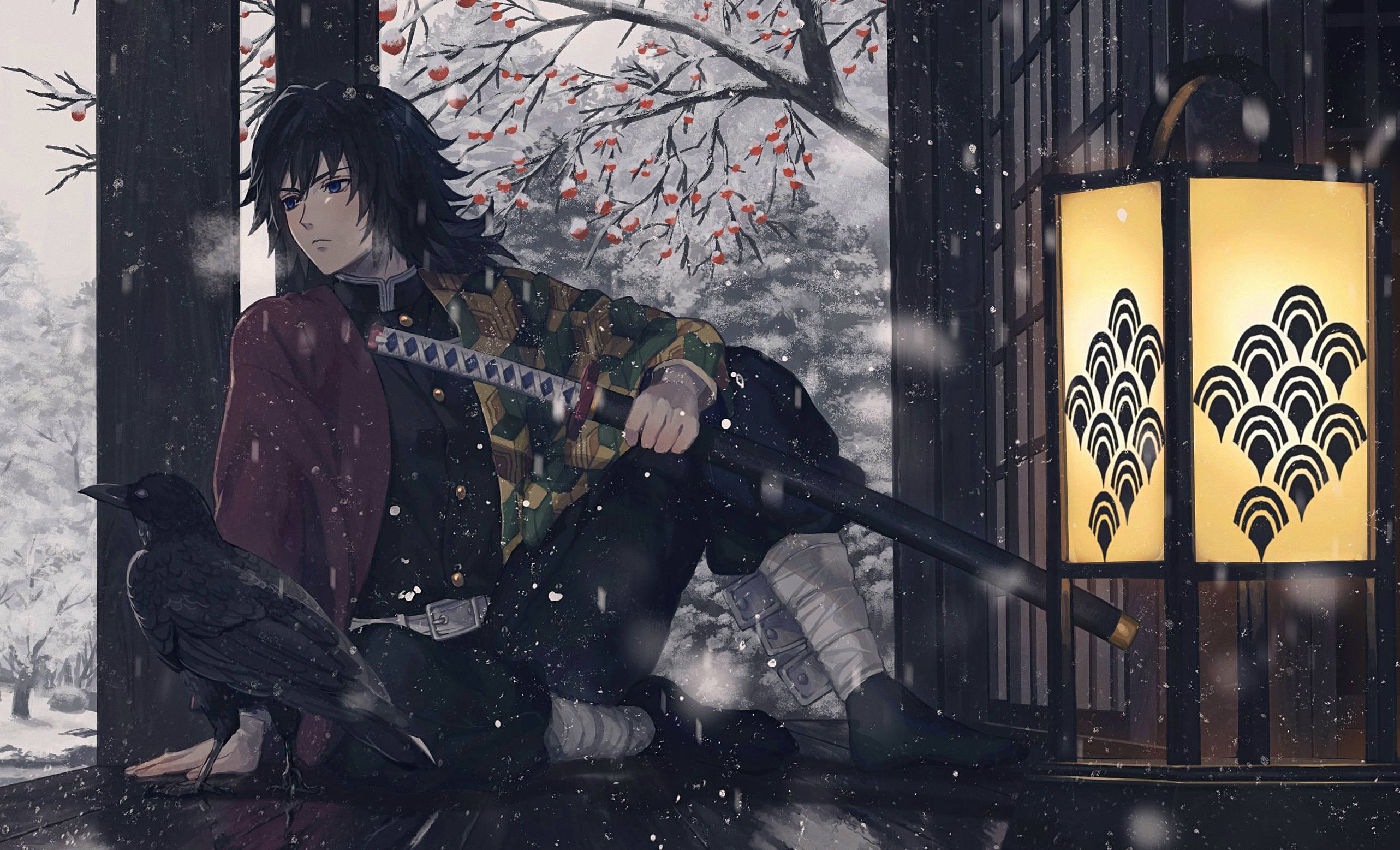 時透無一郎戶外 壁紙 — 一位武士坐在雪窗前，身旁有一隻烏鴉，雪花飄落在發光的燈籠周圍。