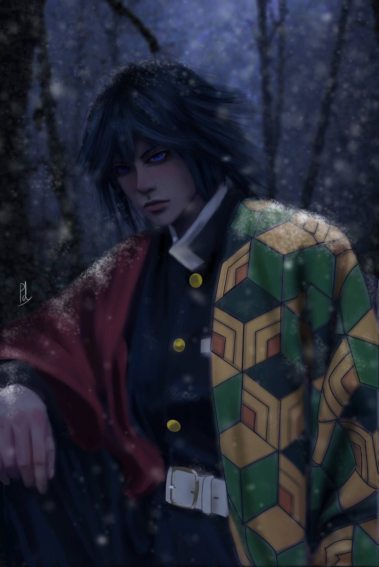 動漫角色在雪森林中穿著圖案羽織的夜晚場景 — 富岡義勇 GIF 壁紙