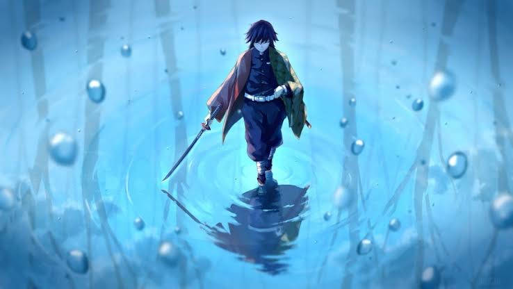 動漫戰士在藍色水中持劍行走，氣泡漂浮。