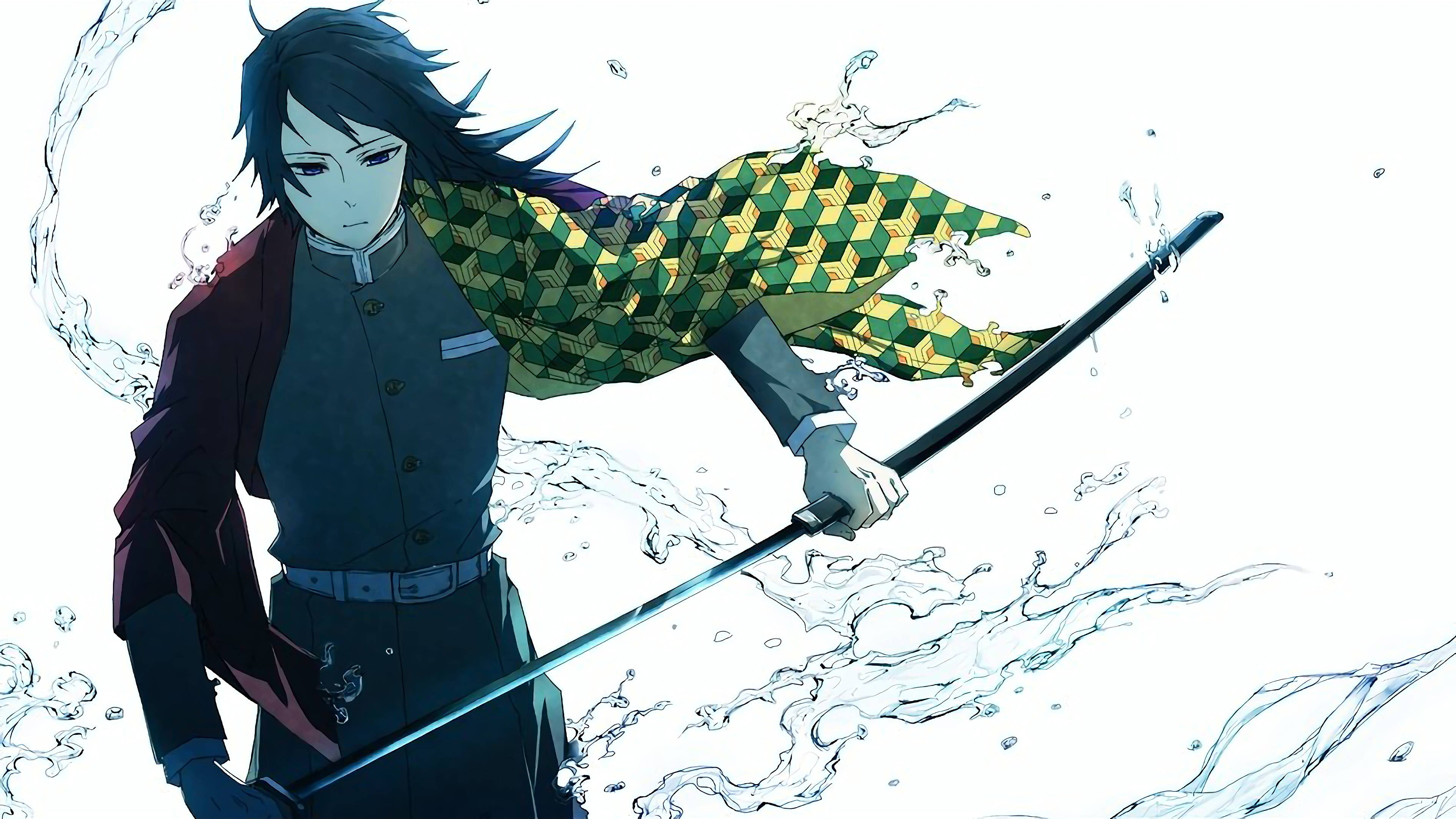 時透無一郎與水波 壁紙 — 黑髮、身穿綠色圖案羽織的動漫戰士，在純白背景下揮舞著劍，周圍水花四濺。