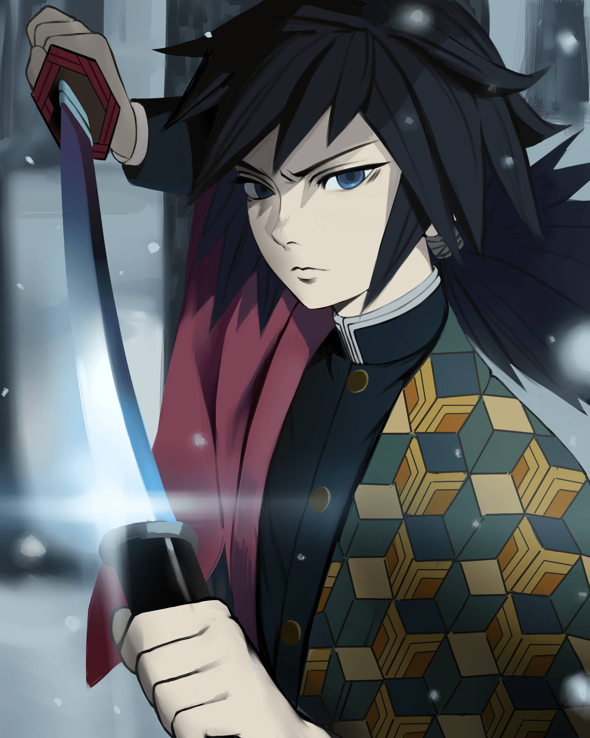 時透無一郎與閃亮之劍 壁紙 — 一個決心堅定的動漫劍士，黑髮藍眼，在雪景背景下握著一把發光的劍。