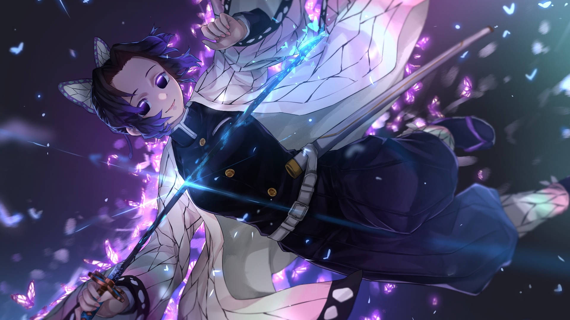 時透無一郎鬼滅之刃 壁紙 — 一位紫髮動漫戰士身穿白色和服，在黑暗背景中漂浮的紫色蝴蝶間揮舞發光的劍。