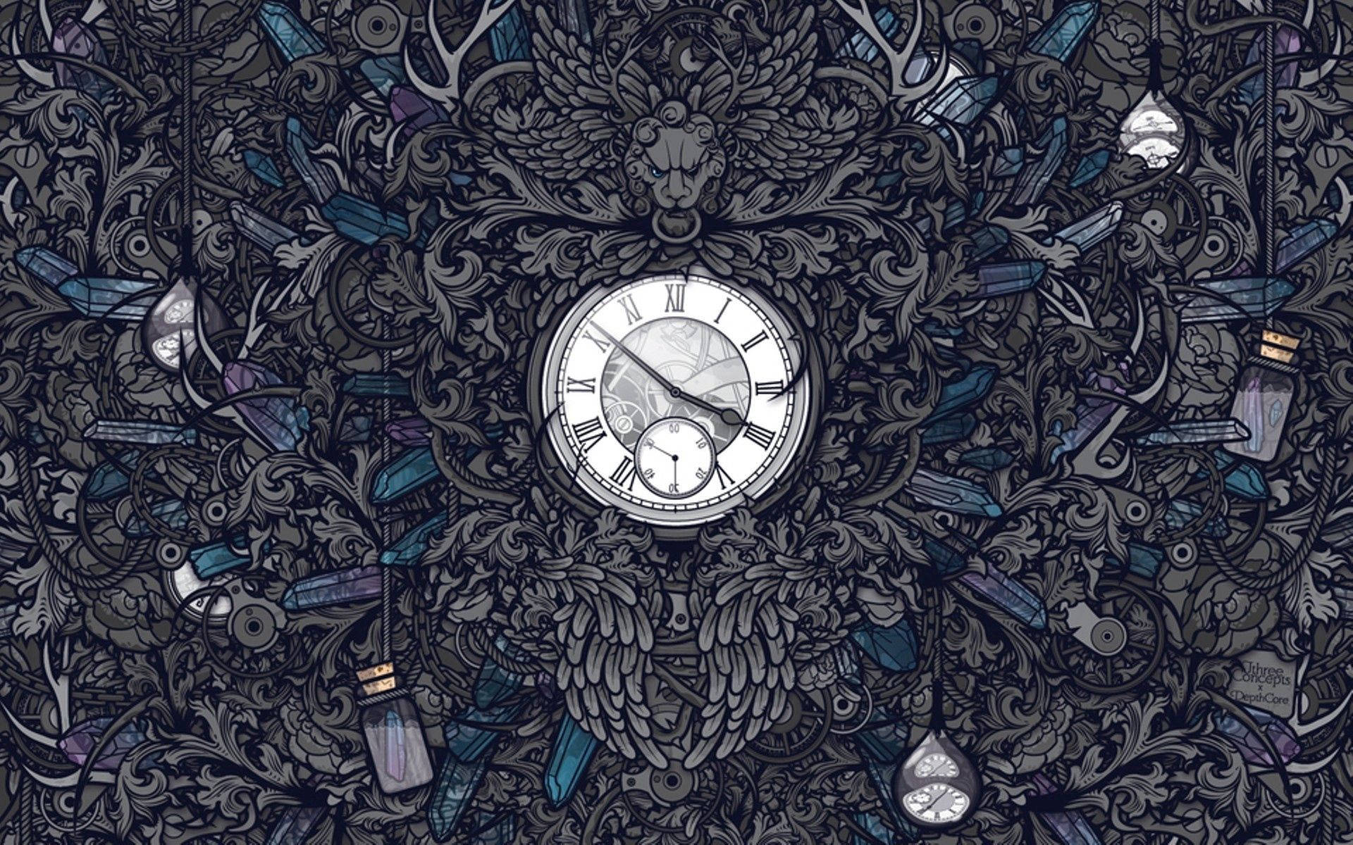 時鐘數位插畫 壁紙 — 一個華麗的時鐘，周圍環繞著複雜的黑暗圖案和懸掛的玻璃瓶，呈現超現實、細緻的插圖。