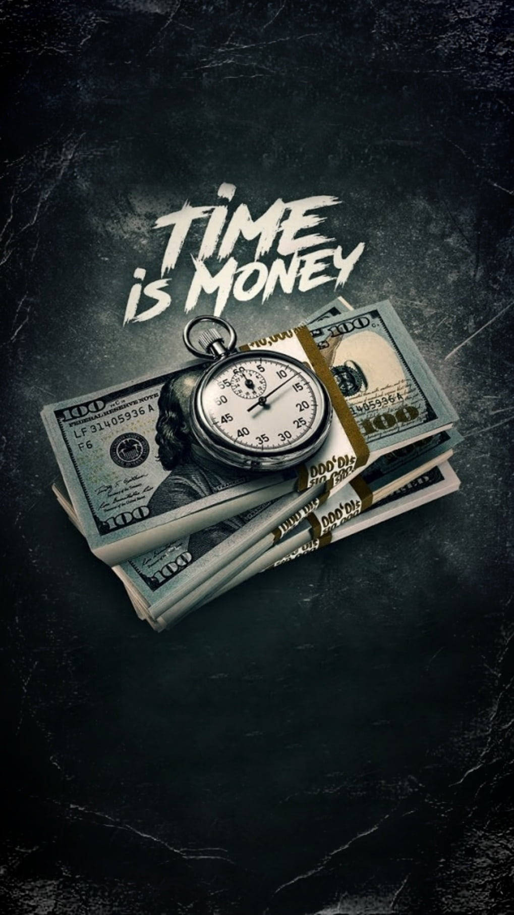 計時器放在一疊百元美鈔上，帶有「TIME IS MONEY」塗鴉文字。