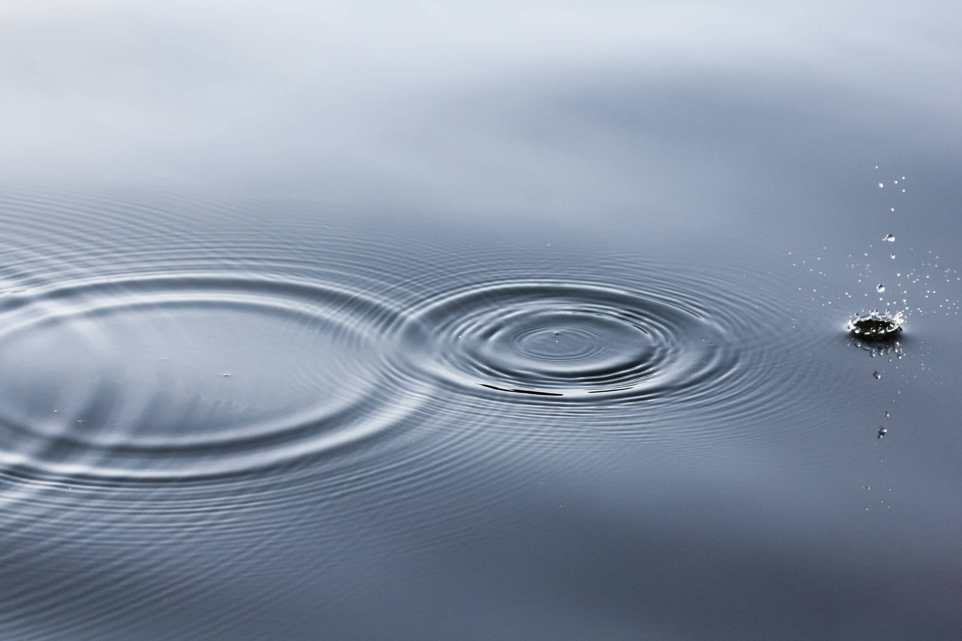 漣漪從雨點在平靜灰色水面上擴散。