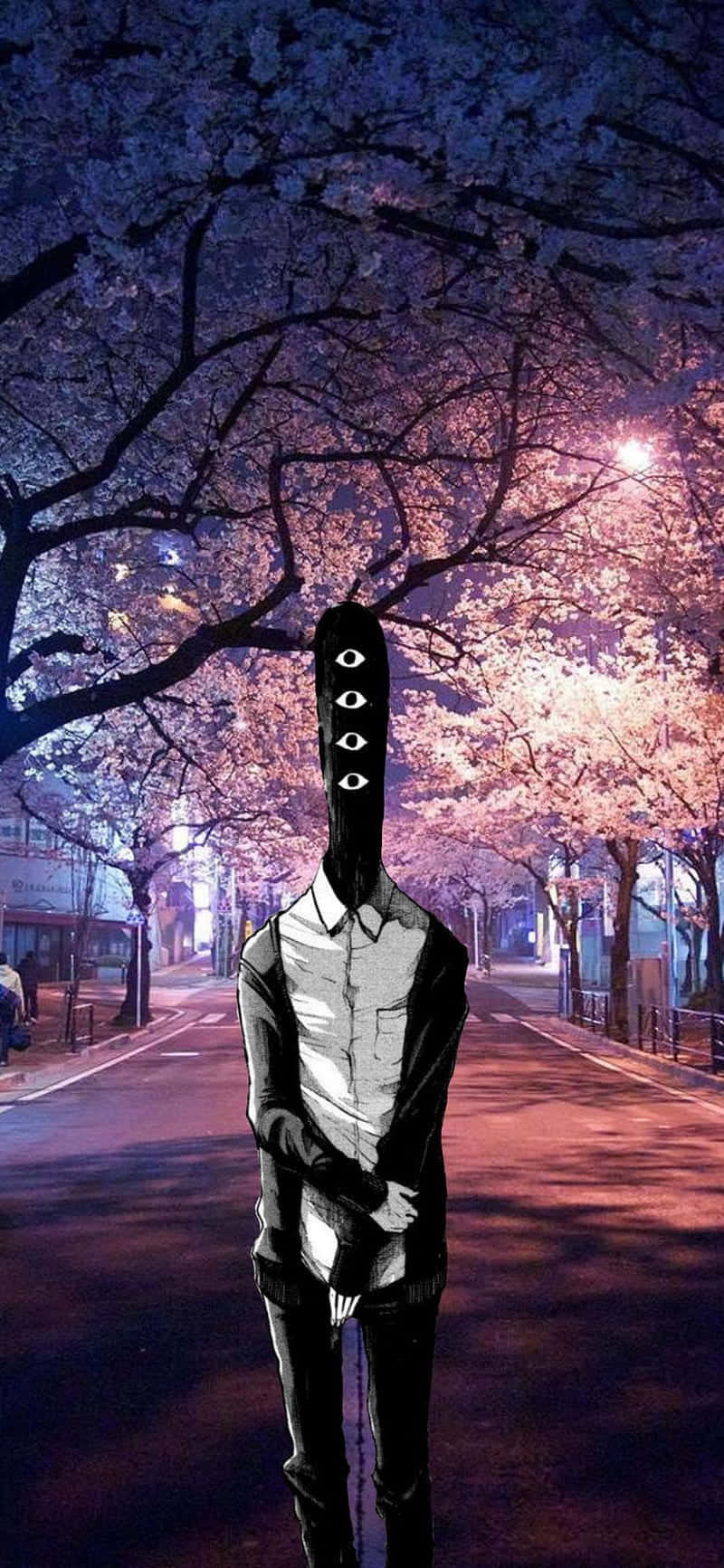 《晚安，樁樁》主角對月嚎叫的插畫 壁紙 — 一個高挑、長頸、多眼的人物，在夜晚霓虹燈閃爍的街道上，站在發光的櫻花樹下。