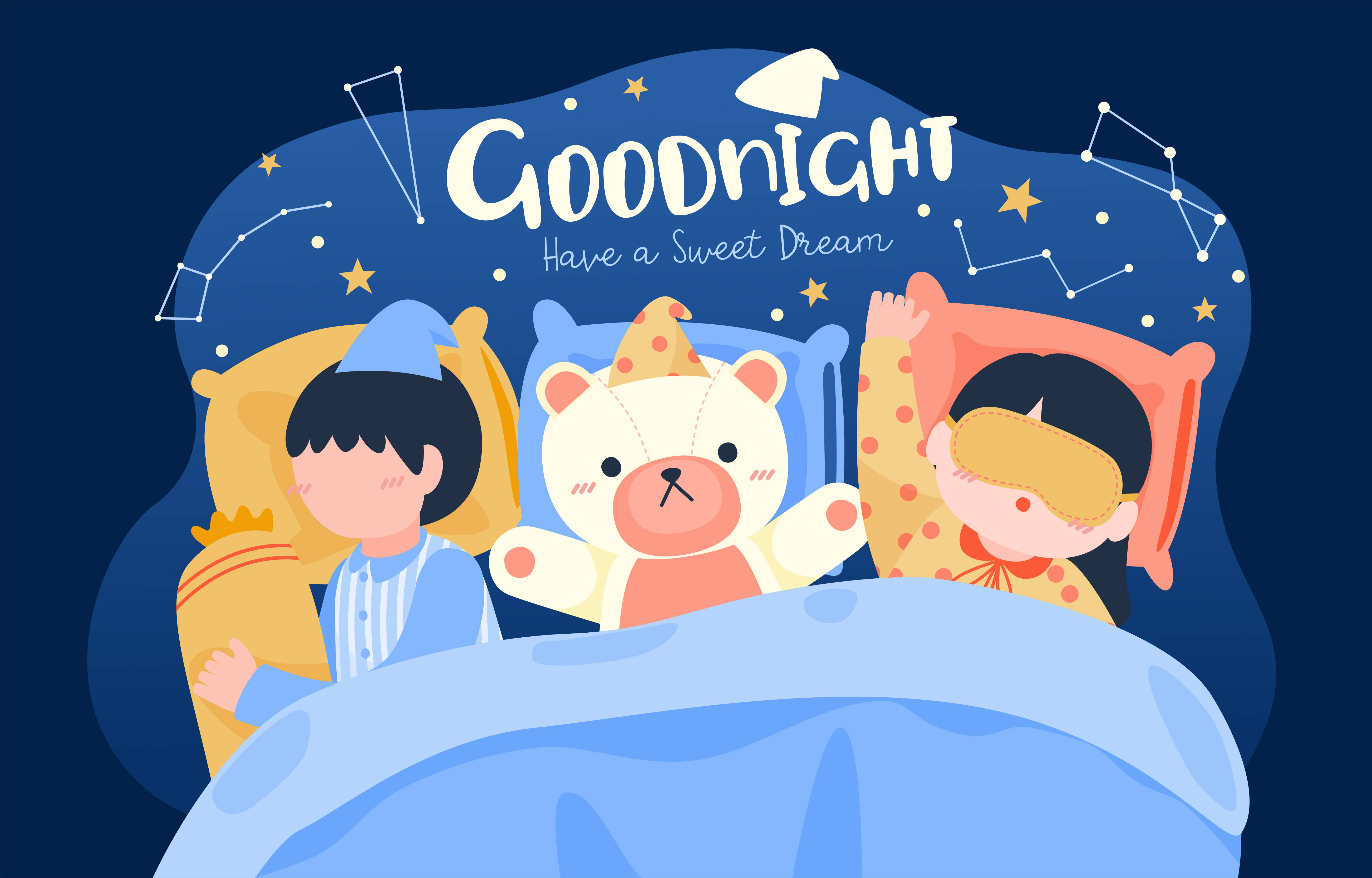 晚安入眠 壁紙 — 兩個孩子和一隻泰迪熊在床上，背景是星空、星座輪廓和「Goodnight」文字。