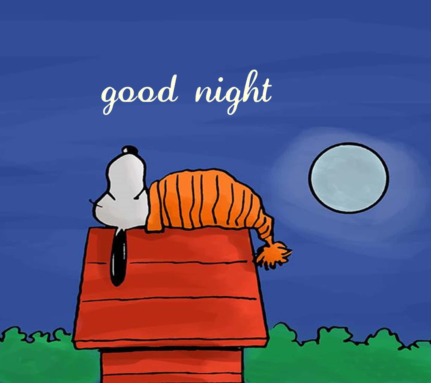 晚安史努比圖 壁紙 — 史努比在滿月下睡在紅色狗屋上，上方有「good night」文字。