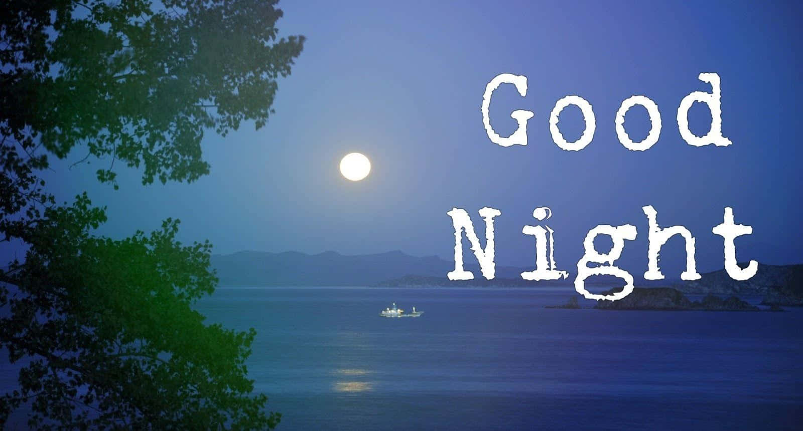 晚安寧靜圖 壁紙 — 寧靜的夜景，滿月映照在平靜的水面上，由樹枝和遠處的小船框住，下方有發光的「晚安」文字。