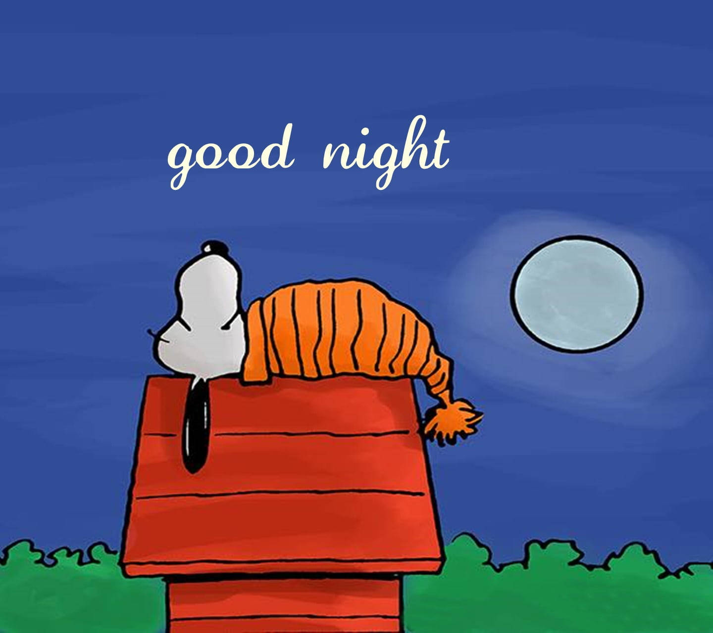 晚安睡著的史努比 壁紙 — 史努比在滿月下的紅色狗屋中安睡，上方有「good night」文字。