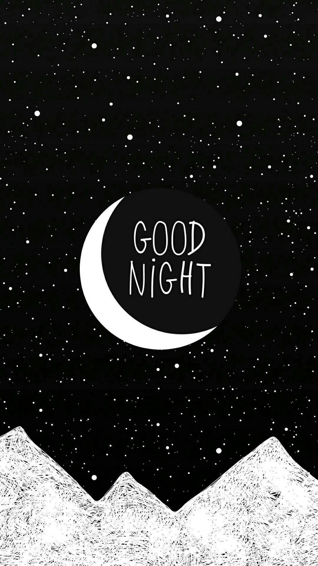 新月帶有good night文字，位於星空下雪山上。