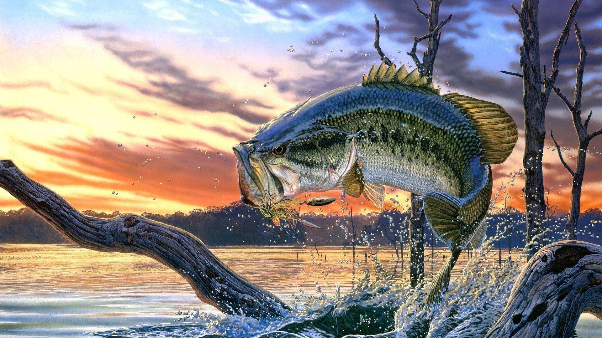 晨光中大口黑鱸悠遊湖面 壁紙 — 一條巨大的鱸魚從寧靜的湖中躍起，夕陽下濺起水花，光禿的樹木在火紅的橙色雲層襯托下形成剪影。