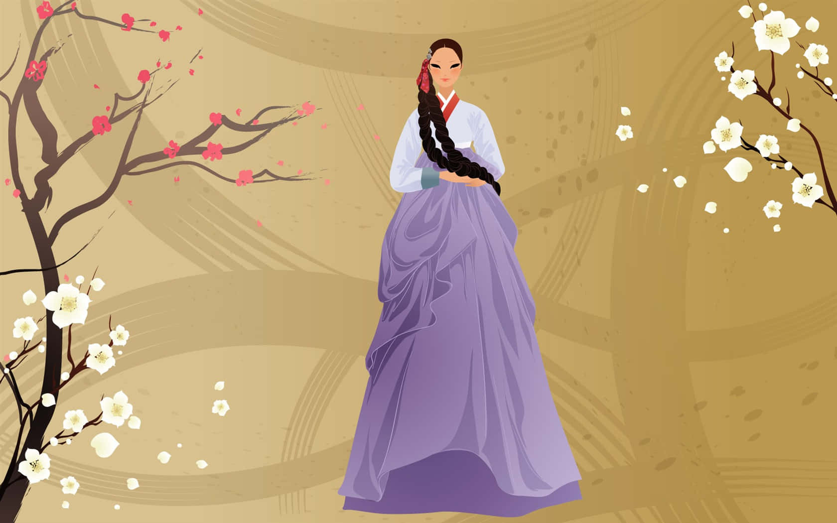 一位身穿傳統韓國韓服的女士，春天時站在櫻花樹叢中。