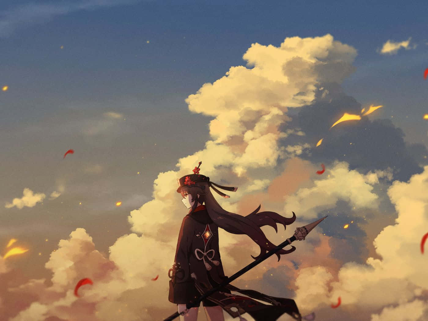 晨光中的森林風景 壁紙 — 一位擁有長長黑髮和長矛的動漫戰士，站在充滿金色雲彩和飄浮紅色花瓣的戲劇性日落天空前。