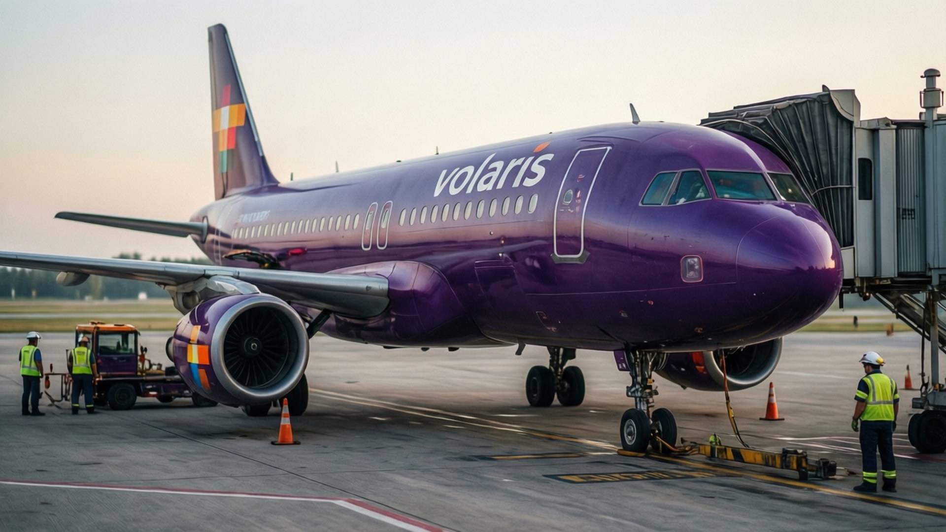 晨光機場門口 壁紙 — 一架充滿活力的紫色Volaris飛機停在機場閘口，地勤人員在黃金時段進行維護。