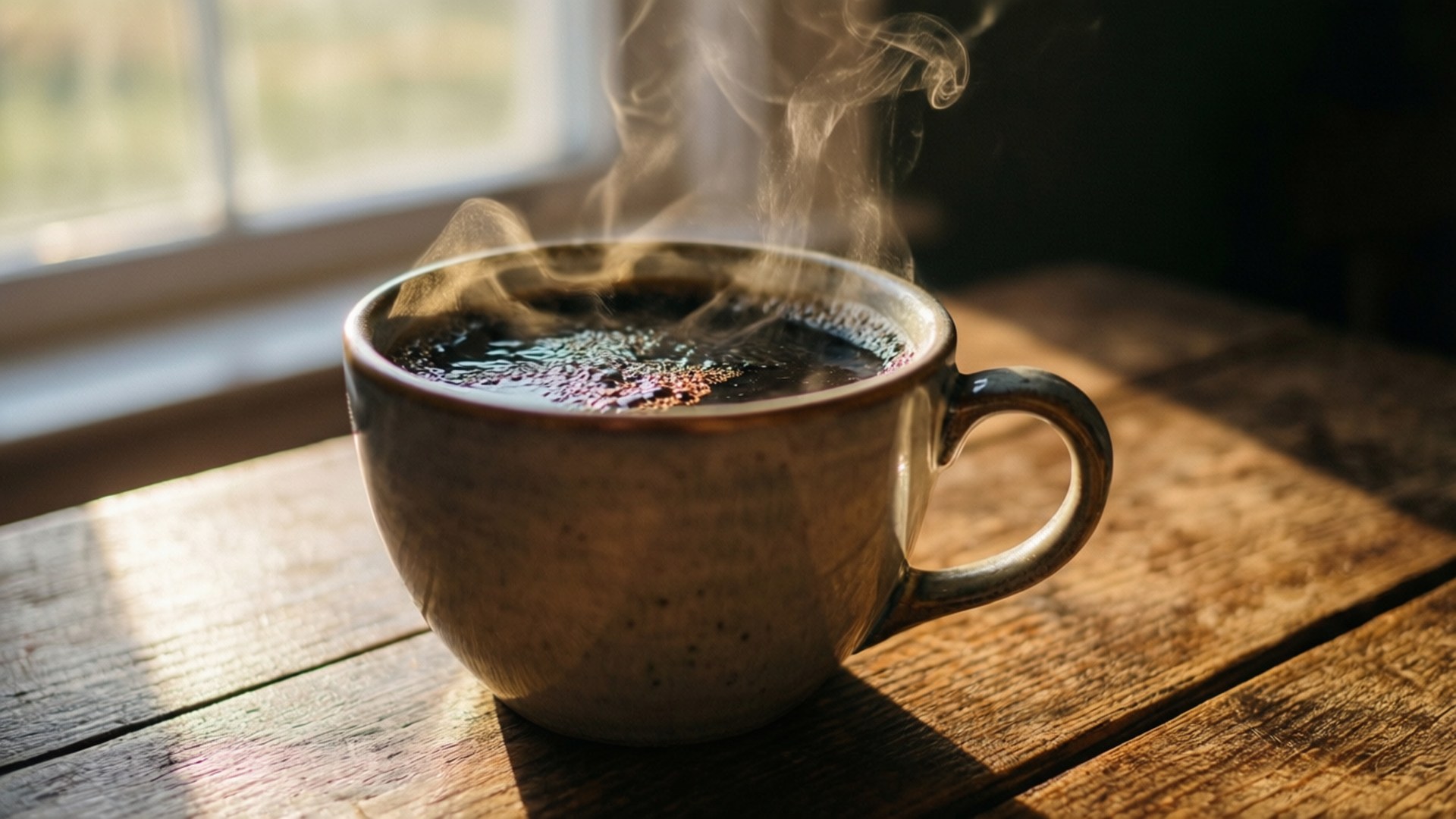 窗邊晨光照耀的木桌上放著冒煙的咖啡杯。